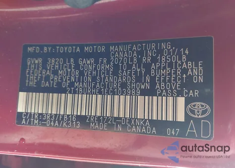 2014 Toyota Corolla Le z USA, uszkodzony, nr VIN 2T1BURHE1EC103989